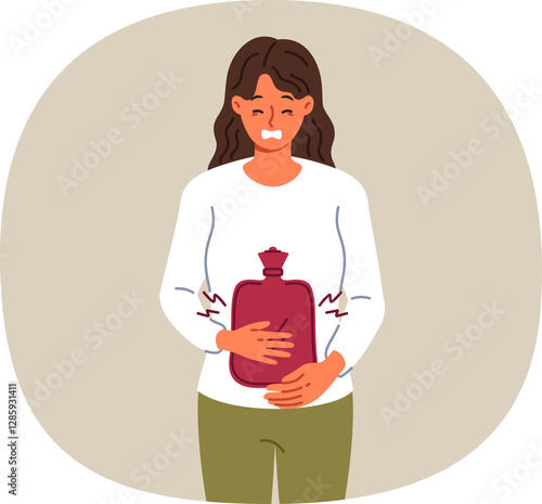 Obraz na płótnie Suffering sick woman uses rubber heating pad to relieve abdominal pain caused by menstrual cycles. Sick girl needs doctors help or medicine to treat problems with digestive system. w salonie