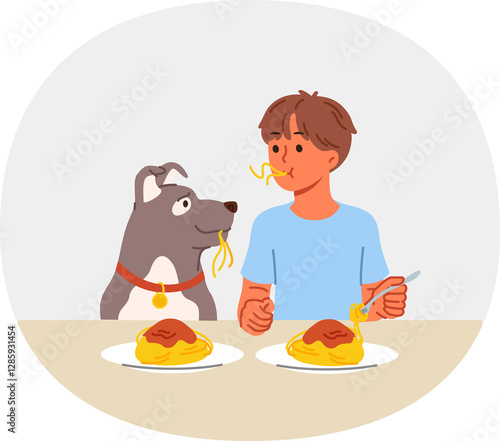 Obraz na płótnie Little boy and dog eat spaghetti sitting at table, demonstrating friendship and trust. Child lives in harmony with dog, teaching puppy to accept food from plate and enjoying communication with pet w salonie