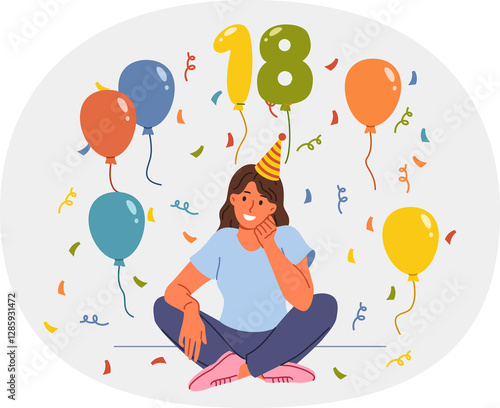 Woman celebrates 18th birthday, proud of reaching adulthood, and sits on floor among candy and balloons. Young cheerful girl student in festive hat invites you to entertaining event in honor birthday