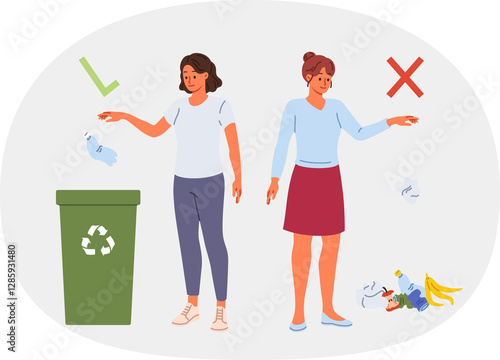Obraz na płótnie Conscious woman throwing plastic into trash can, standing near deep girl throwing waste on ground. Concept of population literacy in recycling waste and developing caring attitude towards environment w salonie