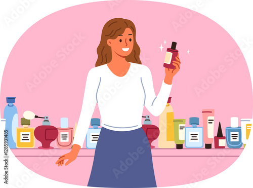 Woman cosmetologist chooses best perfume or lotion to remove wrinkles, standing near shelf with large assortment of cosmetics. Girl cosmetologist with smile demonstrates new skin care gel