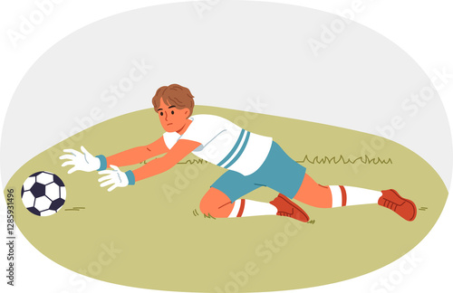 Obraz na płótnie Goalkeeper guy plays football and jumps for ball, protecting goal from enemy team. Teenage boy is interested in football and dreams of becoming professional player from famous club. w salonie