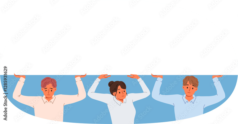 Business people lifting heavy load together with copy space above heads to achieve synergistic effect. Male and female office employees arranged collaboration and synergy to carry out work processes