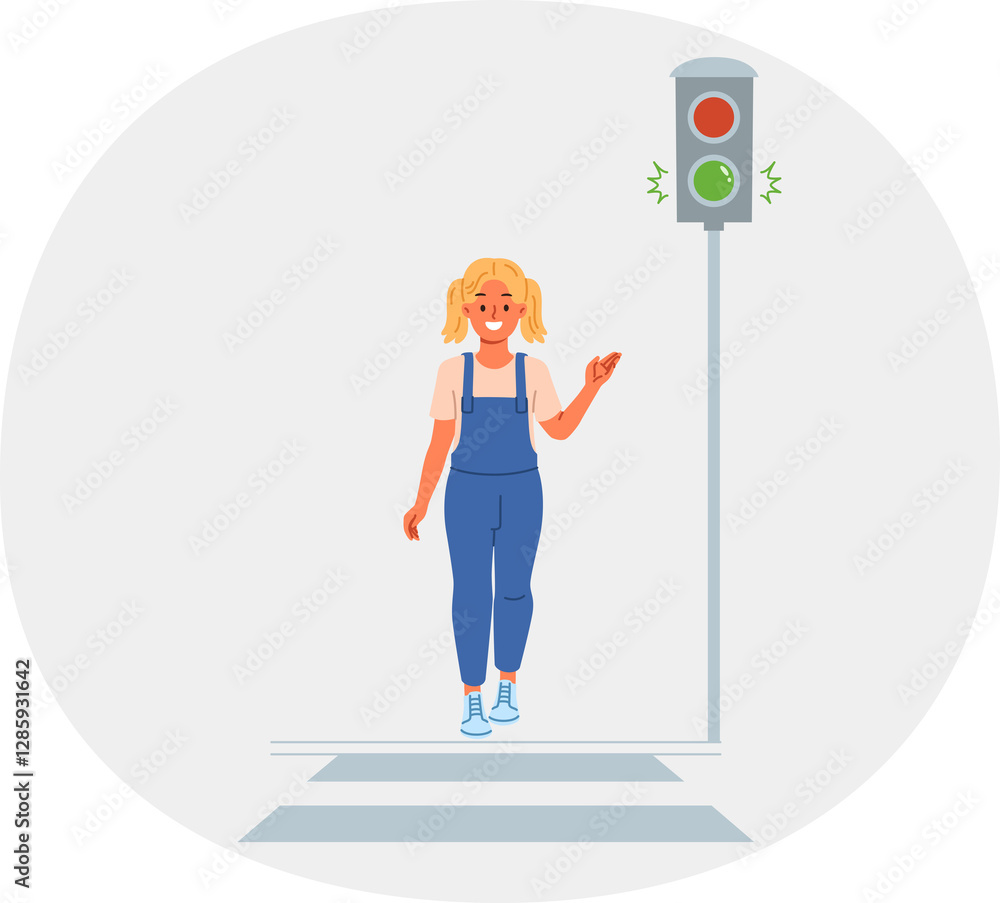 Traffic light shows green signal for little girl walking along pedestrian crossing. Child observes rules of road while strolling around city, and points to traffic light allowing start of movement