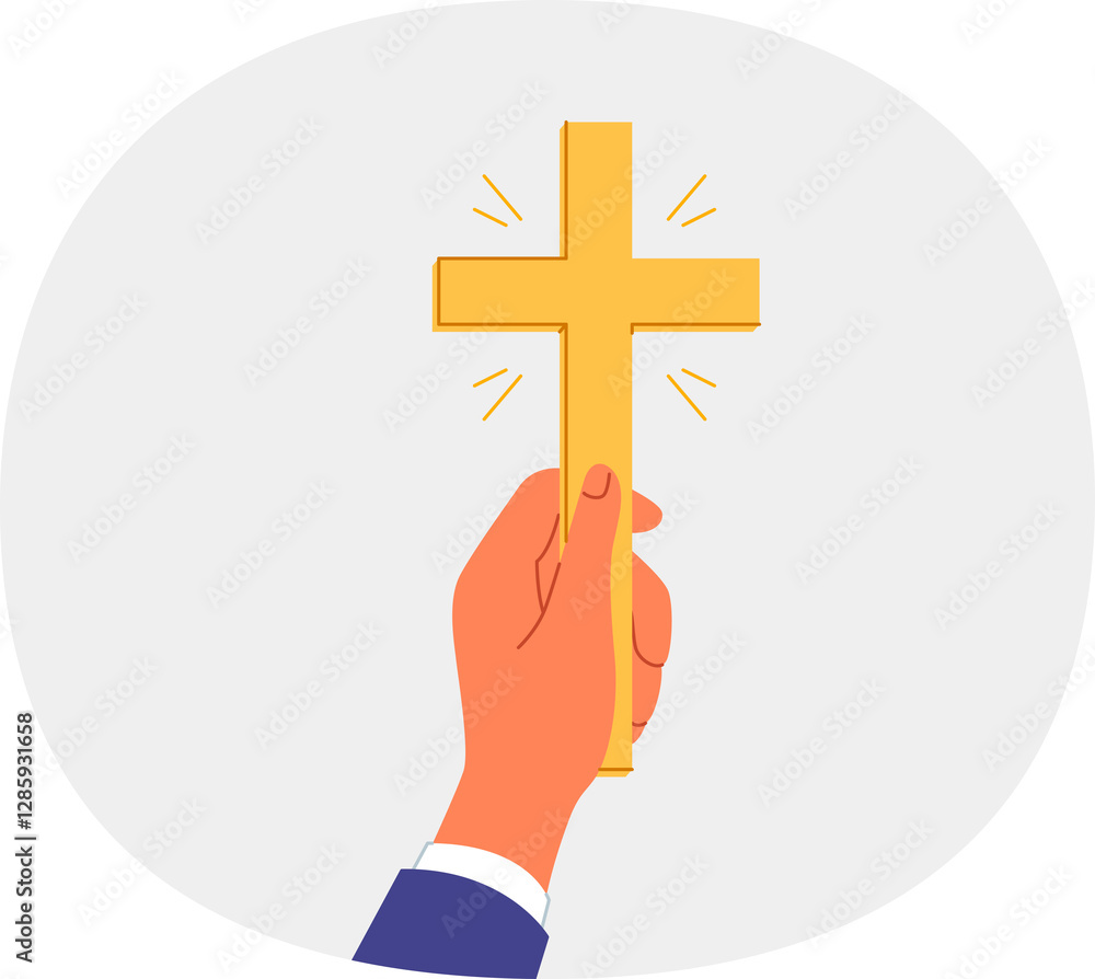 Golden christian crucifix in hands of man, inviting to accept catholicism and attend church for prayers. Sacred religious relic symbolizes faith in god and covenants from bible or gospel