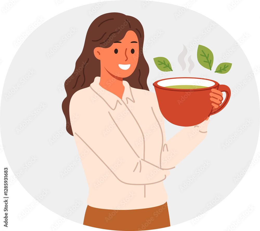 Woman drinks green loose leaf tea from large mug, enjoying bite of hot, soothing drink. Ceylon aromatic tea with mint and herbs in hand of business lady taking break while working or studying