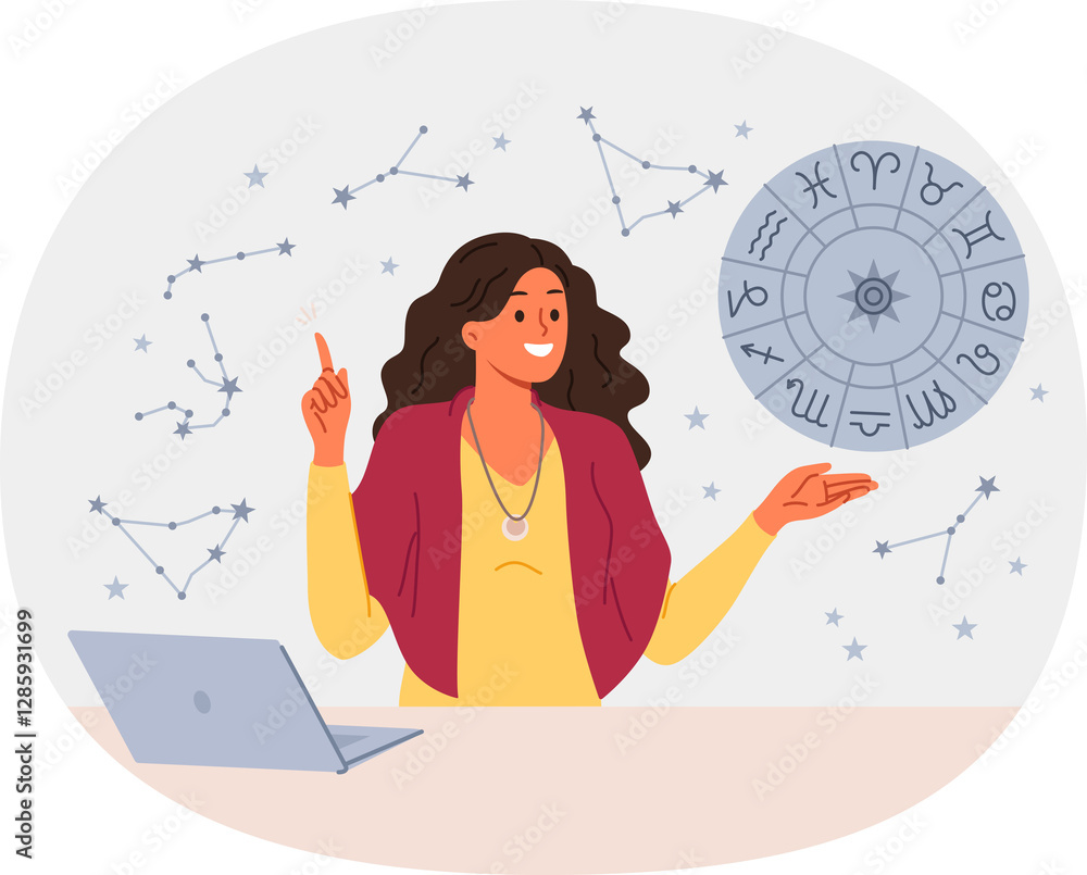Woman astrologer tells fortunes by horoscope and predicts future by stars, standing near table with laptop. Girl astrologer points up, offering to read gorsk, standing near wheel with zodiac signs