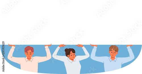Obraz na płótnie Business people lifting heavy load together with copy space above heads to achieve synergistic effect. Male and female office employees arranged collaboration and synergy to carry out work processes w salonie