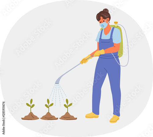 Obraz na płótnie Woman gardener sprays weedkiller and pesticides on plants to speed up growth and kill insects or pests. Girl farmer uses dangerous chemical-based weedkiller to grow fruits or vegetables w salonie