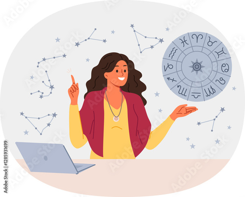 Obraz na płótnie Woman astrologer tells fortunes by horoscope and predicts future by stars, standing near table with laptop. Girl astrologer points up, offering to read gorsk, standing near wheel with zodiac signs w salonie