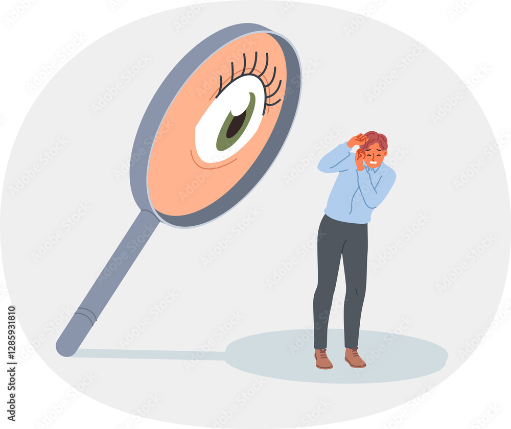 Man is afraid of surveillance and pressure from giant eye in magnifying glass, causing stress and discomfort. Concept of pressure on employee from annoying boss who does not trust company staff