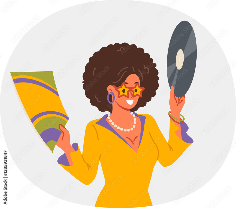 Disco woman holds vinyl record and invites you to retro holiday party with opportunity to dance and have fun. Girl in disco outfit enjoys listening to songs from authors from last century