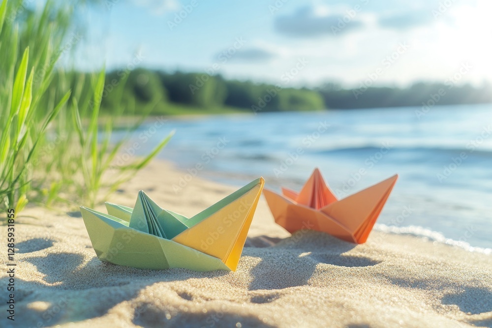 Two origami boats placed on a sandy beach, great for travel or leisure concepts Two origami boats placed on a sandy beach, great for travel or leisure concepts