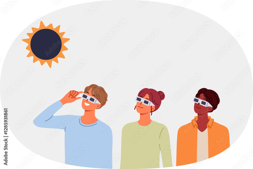People view solar eclipse using disposable glasses to observe rare astronomical phenomenon. Happy children laugh and rush to school to be on time for start of lessons on first of september