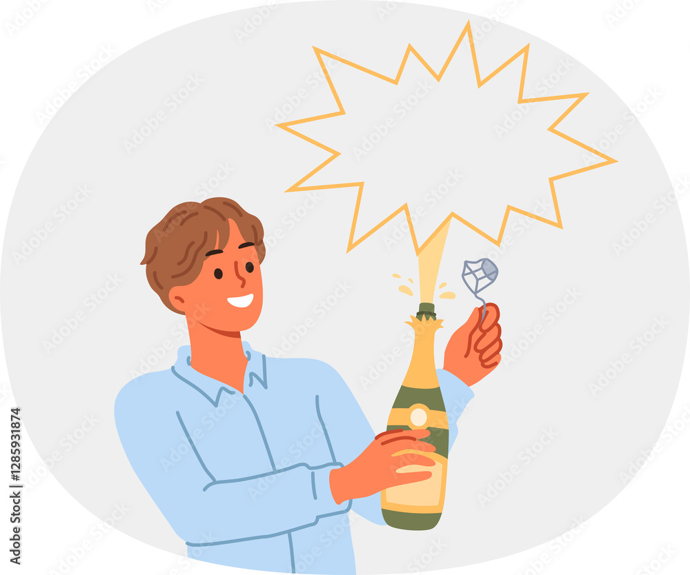 Man opens champagne and sees splash of alcoholic drink during festive christmas party. Bottle of champagne or sparkling wine in hands of waiter or bartender looking at copy space with smile