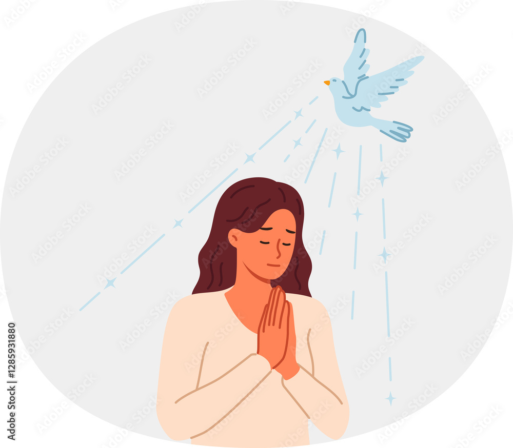 Woman reads prayer with palms folded in front of chest, standing near flying dove and shining sun. Girl stood in position for prayer from christian religion, and asks jesus for forgiveness or help