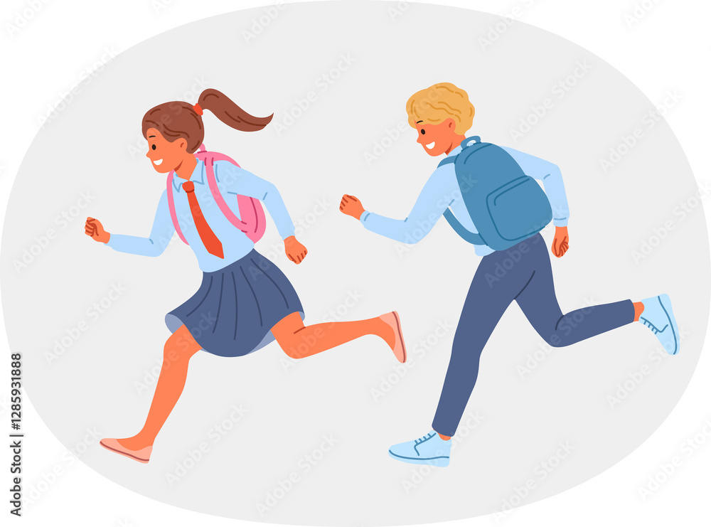 Little school children with backpacks run away from classes, not wanting to study and receive education. Happy kids laugh and rush to school to be on time for start of lessons on first of september