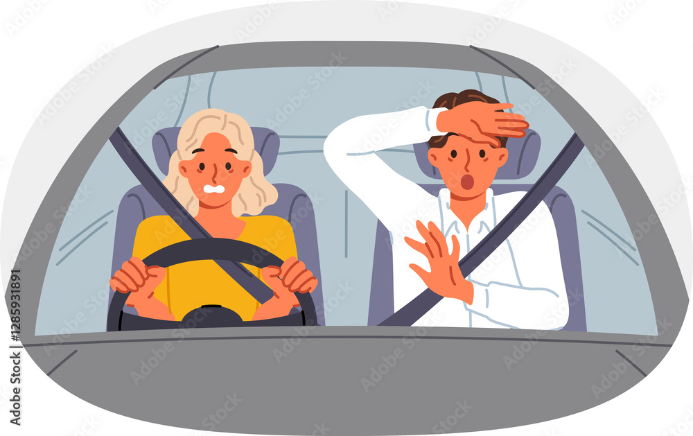 Frightened instructor from driving school near female driver driving car and risking accident and injury. Girl disregard traffic rules due to lack of qualifications to drive vehicle.