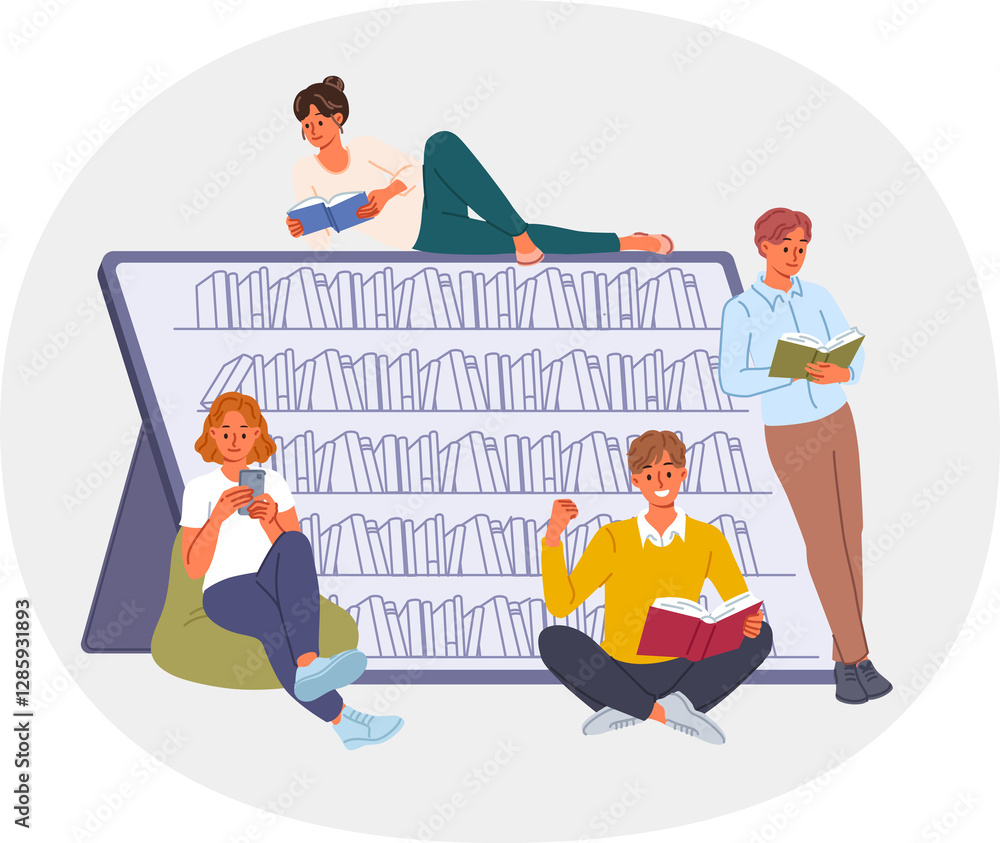 Students visiting electronic library read books using mobile gadgets and apps with digital literature. Guys and girls with books gain knowledge or prepare for exam using textbooks or encyclopedias