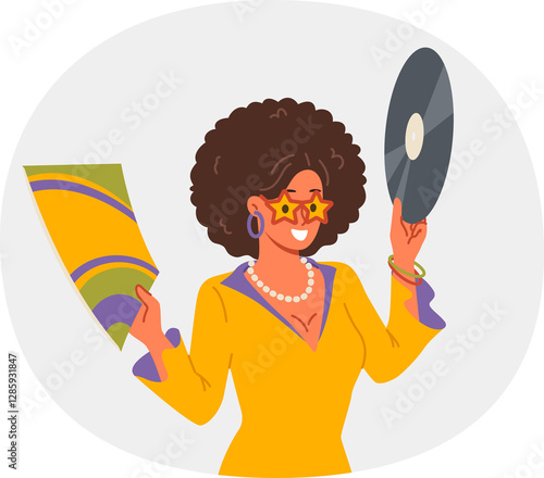 Obraz na płótnie Disco woman holds vinyl record and invites you to retro holiday party with opportunity to dance and have fun. Girl in disco outfit enjoys listening to songs from authors from last century w salonie