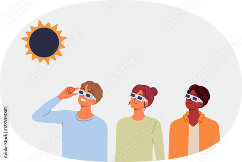 Obraz na płótnie People view solar eclipse using disposable glasses to observe rare astronomical phenomenon. Happy children laugh and rush to school to be on time for start of lessons on first of september w salonie