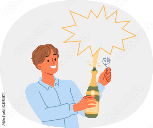 Obraz na płótnie Man opens champagne and sees splash of alcoholic drink during festive christmas party. Bottle of champagne or sparkling wine in hands of waiter or bartender looking at copy space with smile w salonie
