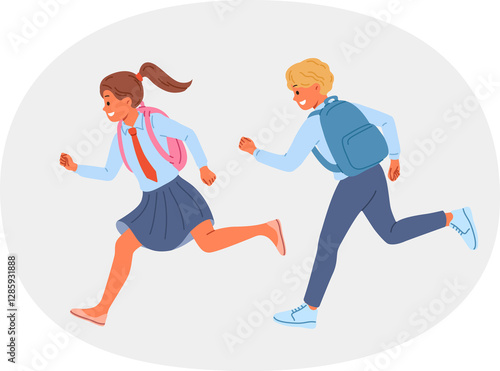 Obraz na płótnie Little school children with backpacks run away from classes, not wanting to study and receive education. Happy kids laugh and rush to school to be on time for start of lessons on first of september w salonie