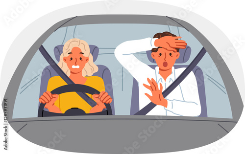 Obraz na płótnie Frightened instructor from driving school near female driver driving car and risking accident and injury. Girl disregard traffic rules due to lack of qualifications to drive vehicle. w salonie