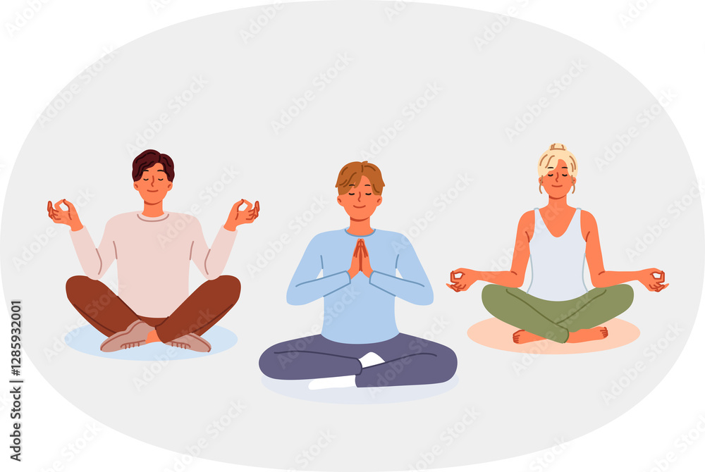 Group of people meditate sitting in lotus position, visiting yoga studio or learning buddhist practices. Woman and two men are marking to achieve harmony between soul and body or achieve zen.