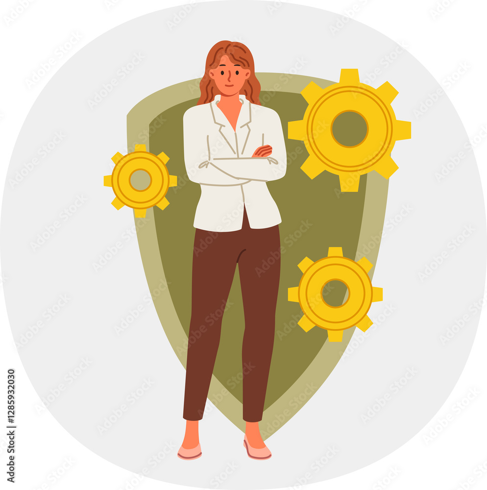 Woman cyber security engineer recommends antivirus for data protection, stands near shield and gears. System administrator reminds you of importance of cyber security and restricting access to data