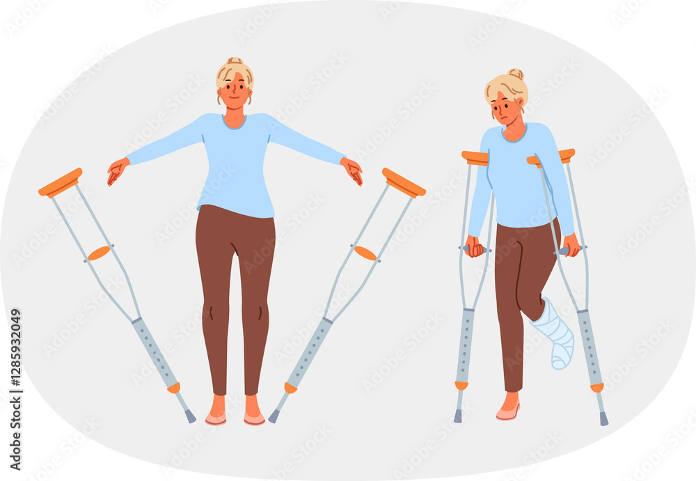 Disabled woman with broken leg throws away crutches after rehabilitation and treatment procedures in clinic. Girl received rehabilitation to restore health of ankle after accident.