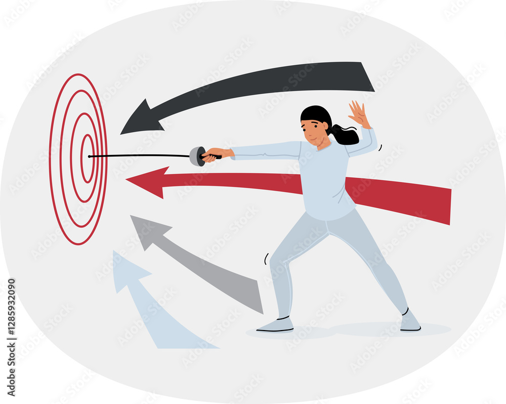 Purposeful woman hits target with rapier, demonstrating accuracy and skills in using edged weapons. Purposeful girl athlete preparing for competition to become winner at international olympiad