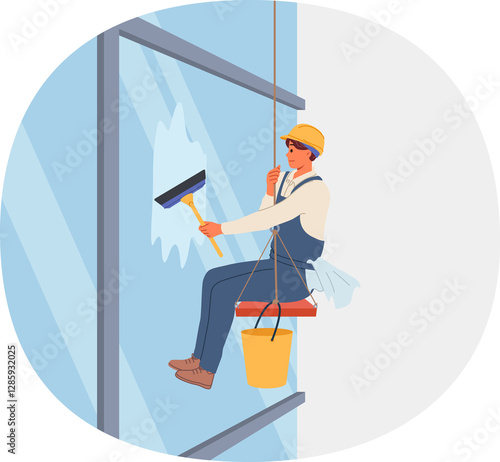 Obraz na płótnie Industrial climber washes windows of skyscraper using brush and bucket of water, hanging at high altitude on rope. Dangerous work of industrial climber removing dirt from walls of high-rise buildings w salonie