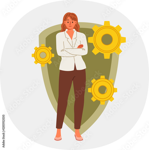 Obraz na płótnie Woman cyber security engineer recommends antivirus for data protection, stands near shield and gears. System administrator reminds you of importance of cyber security and restricting access to data w salonie