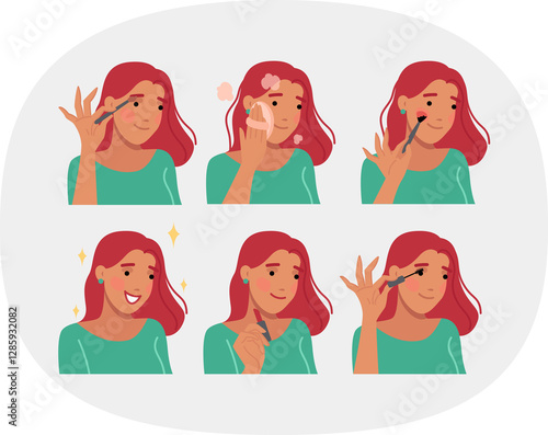 Woman does makeup step by step and takes care of facial skin before going on date with boyfriend. Girl does makeup wanting to look better and please handsome young man from college.