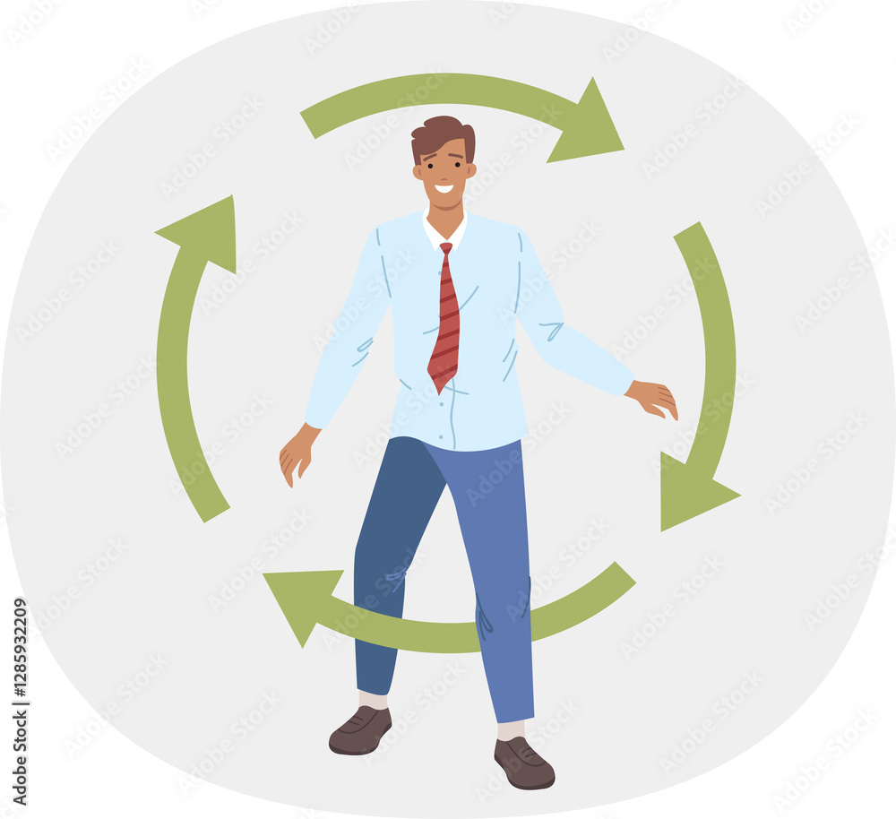 Businessman, rehabilitated after bankruptcy, steps through circle of green arrows. Successful male office employee rehabilitated and reborn after being fired and emptying bank accounts