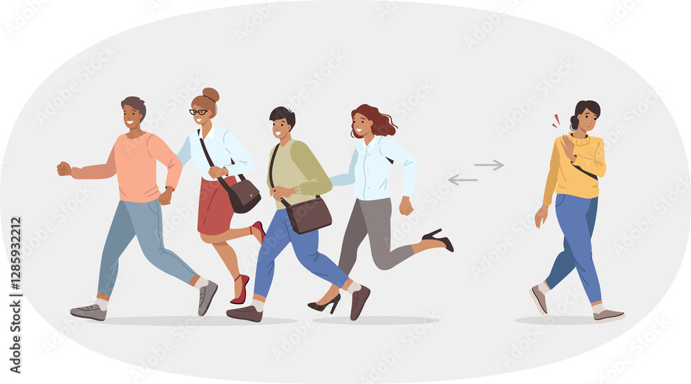 Woman has given up career race and wants to take different path from one imposed by society. Unambitious girl walks in opposite direction from running people, participants in career race.