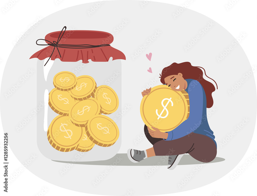 Woman saves and accumulates money to achieve financial security, sits near large jar of coins. Girl cares about financial security and stability, wanting to be confident in own future