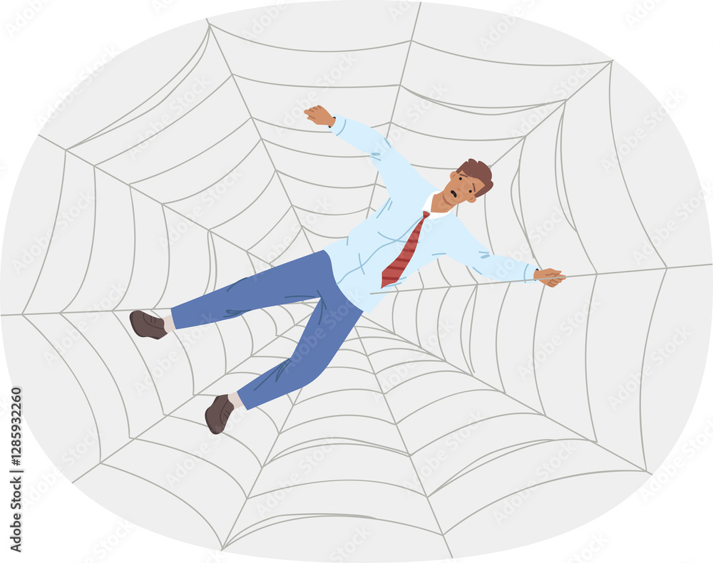 Trap for business man in form of cobweb symbolizes network of fraudsters want to steal money. Guy, investor, fell into trap of scammers who offered high earnings from invested funds.