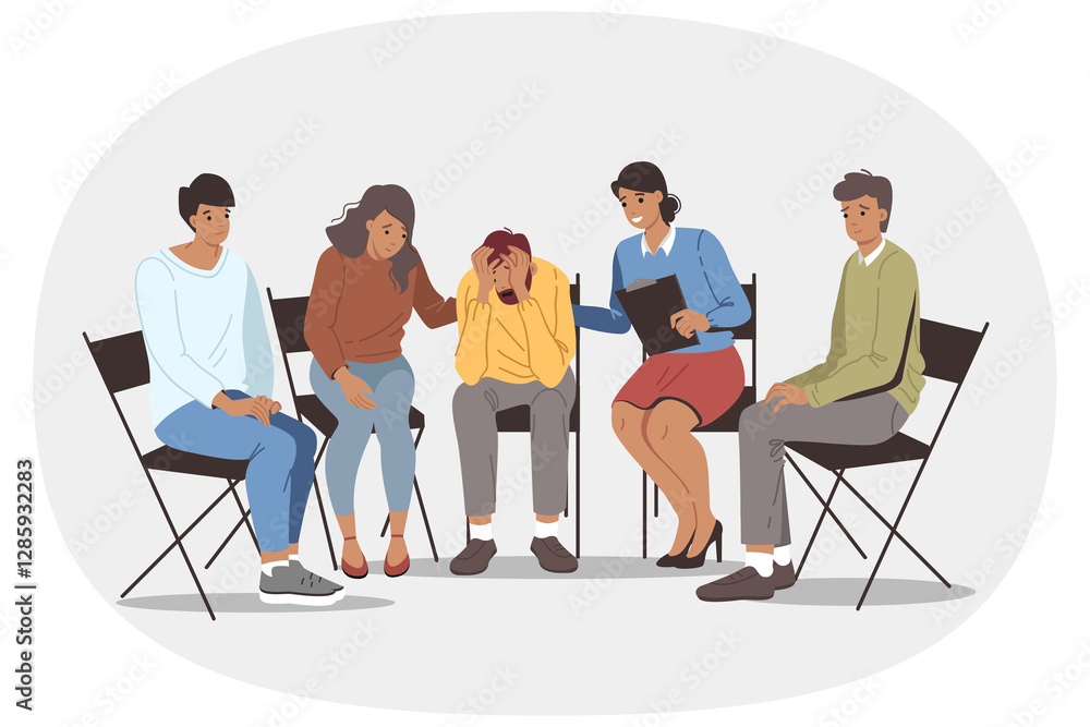 Group psychotherapy in alcoholics anonymous club, with team of people comforting upset man. Alcoholics anonymous section is trying to help friend who is victim of addiction to beer or vodka