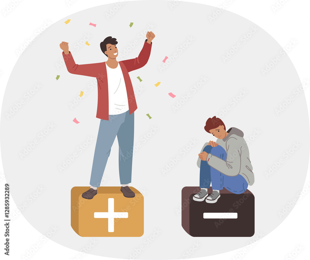 Man achieves success through positive thinking and optimism, standing next to sad loser. Positive thinking helps young guy become winner in fight for position or leadership in team