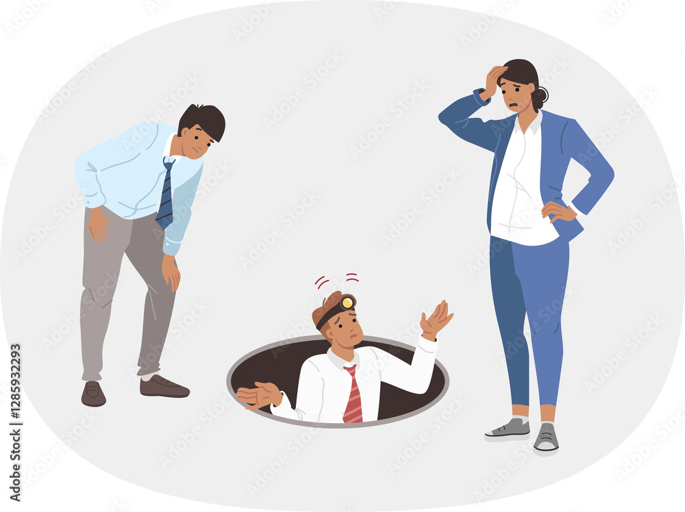 Team business people explore abyss, experiencing perplexity due to lack of solutions to problems. Perplexity among office workers who want to find new opportunity or funding reserves for advertising