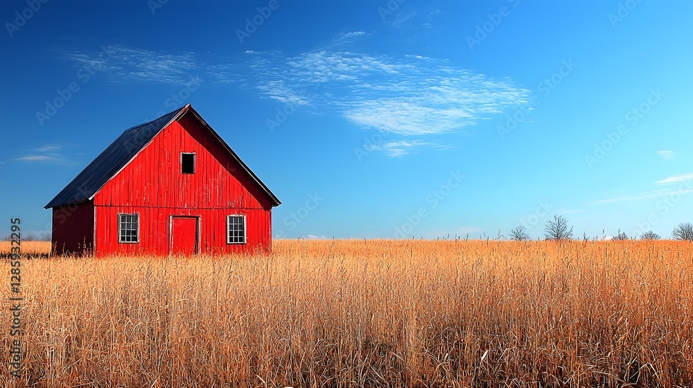 Vibrant Red Barn Nestled in Wide Open Rustic Pasture Under Glowing Blue Sky Vibrant Red Barn Nestled in Wide Open Rustic Pasture Under Glowing Blue Sky