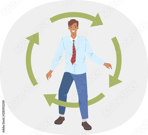 Obraz na płótnie Businessman, rehabilitated after bankruptcy, steps through circle of green arrows. Successful male office employee rehabilitated and reborn after being fired and emptying bank accounts w salonie