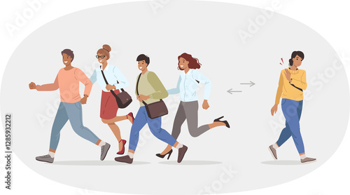 Obraz na płótnie Woman has given up career race and wants to take different path from one imposed by society. Unambitious girl walks in opposite direction from running people, participants in career race. w salonie