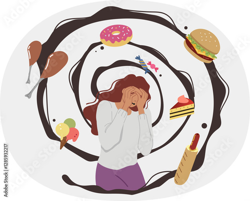 Cuadro en lienzo Thoughts about food cause fear and panic in woman with psychological disorder and fear of becoming fat