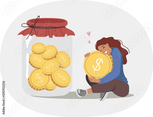 Obraz na płótnie Woman saves and accumulates money to achieve financial security, sits near large jar of coins. Girl cares about financial security and stability, wanting to be confident in own future w salonie