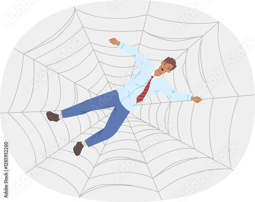 Obraz na płótnie Trap for business man in form of cobweb symbolizes network of fraudsters want to steal money. Guy, investor, fell into trap of scammers who offered high earnings from invested funds. w salonie