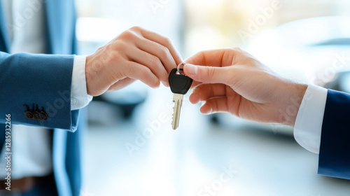 Car Keys Handover: A close-up shot captures the moment of car keys being exchanged between two individuals in a showroom setting, symbolizing purchase and ownership.