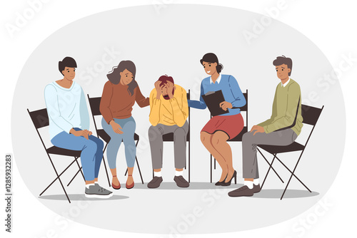 Obraz na płótnie Group psychotherapy in alcoholics anonymous club, with team of people comforting upset man. Alcoholics anonymous section is trying to help friend who is victim of addiction to beer or vodka w salonie